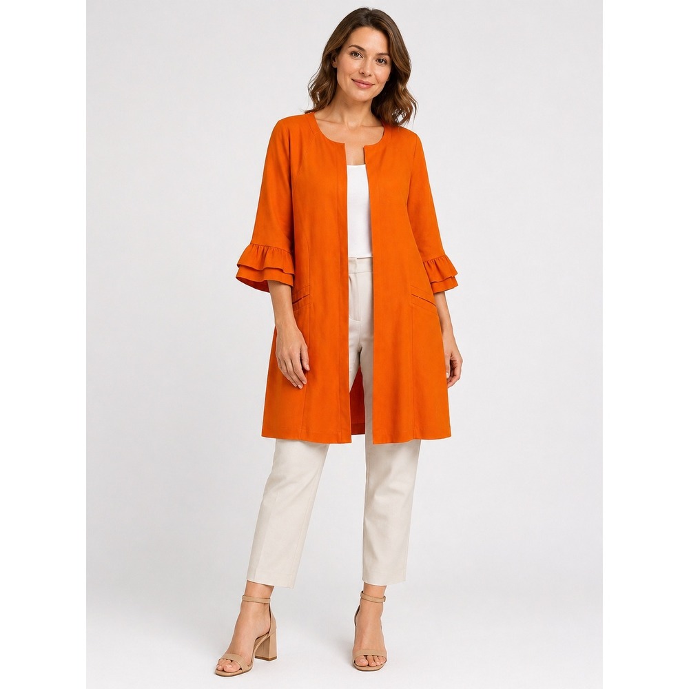 L'Autre Chose Orange Linen Blend Ruffle Sleeve Overcoat Duster Made Italy 42 NEW